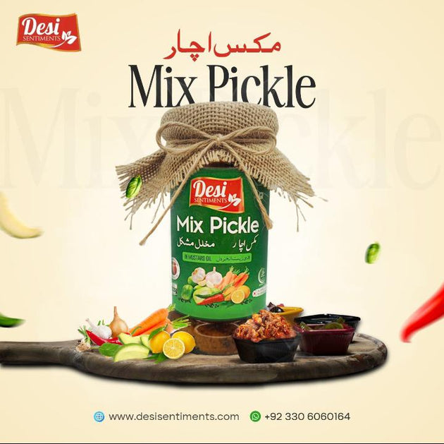 A jar of Desi Mix Pickle in mustard oil.