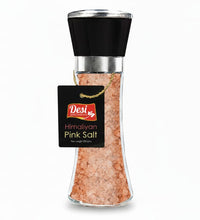 Bottle of Himalayan pink salt with a black cap on a white background