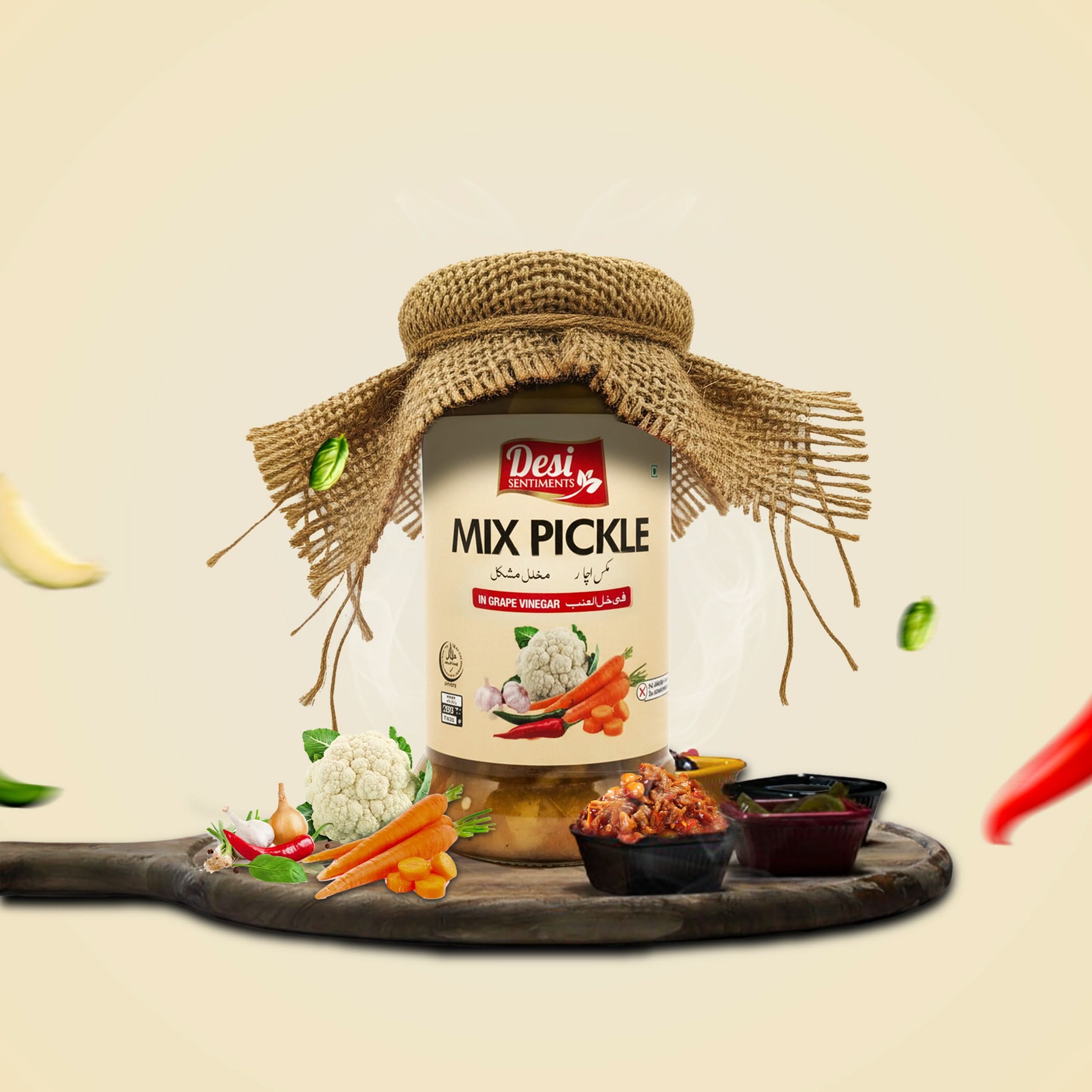 Jar of Desi Mix Pickle with burlap bow on a wooden board with vegetables, on a beige background